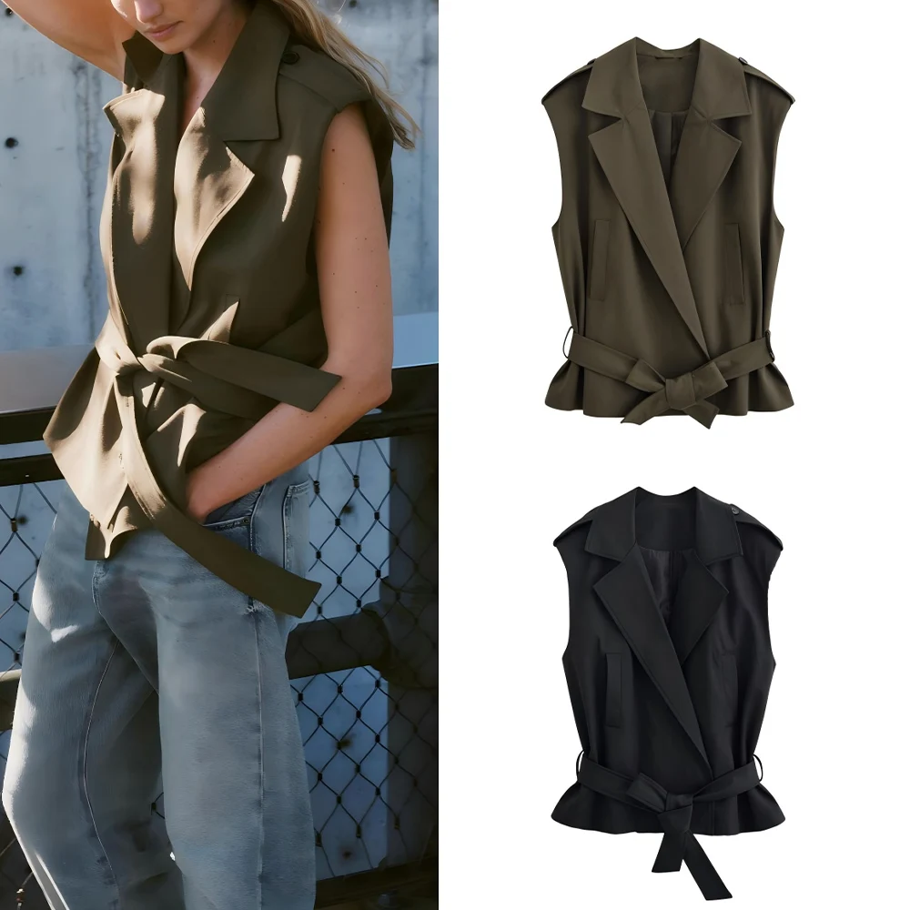 

Women's new fashion with Belt side pocket casual suit collar vest jacket retro sleeveless Button-up women's vest chic top