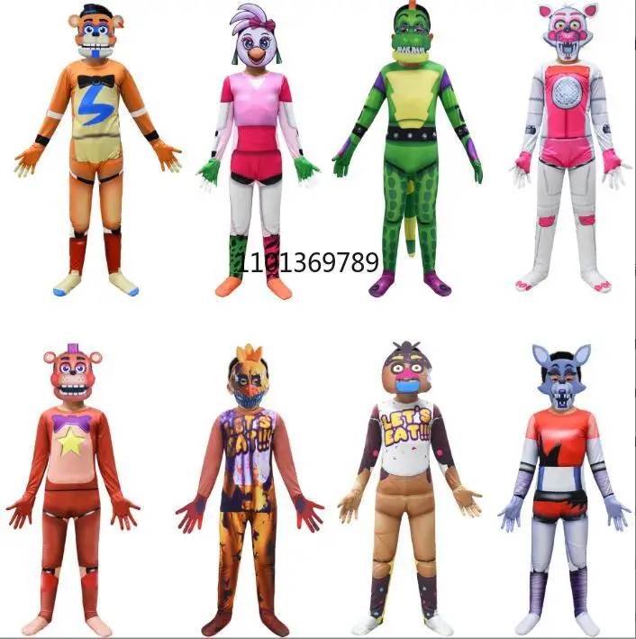 Scary Game Five Nights At Freddyed Cosplay Costume Jumpsuit with Mask Fnaf Freddyed Anime Birthday Gift for Kids Wudimiqi