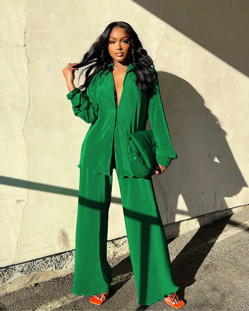 Pleated Solid Women Set Long Sleeve Shirts and Straight Wide Leg Pants Suits Tracksuit Two Piece Set Fitness Outfits