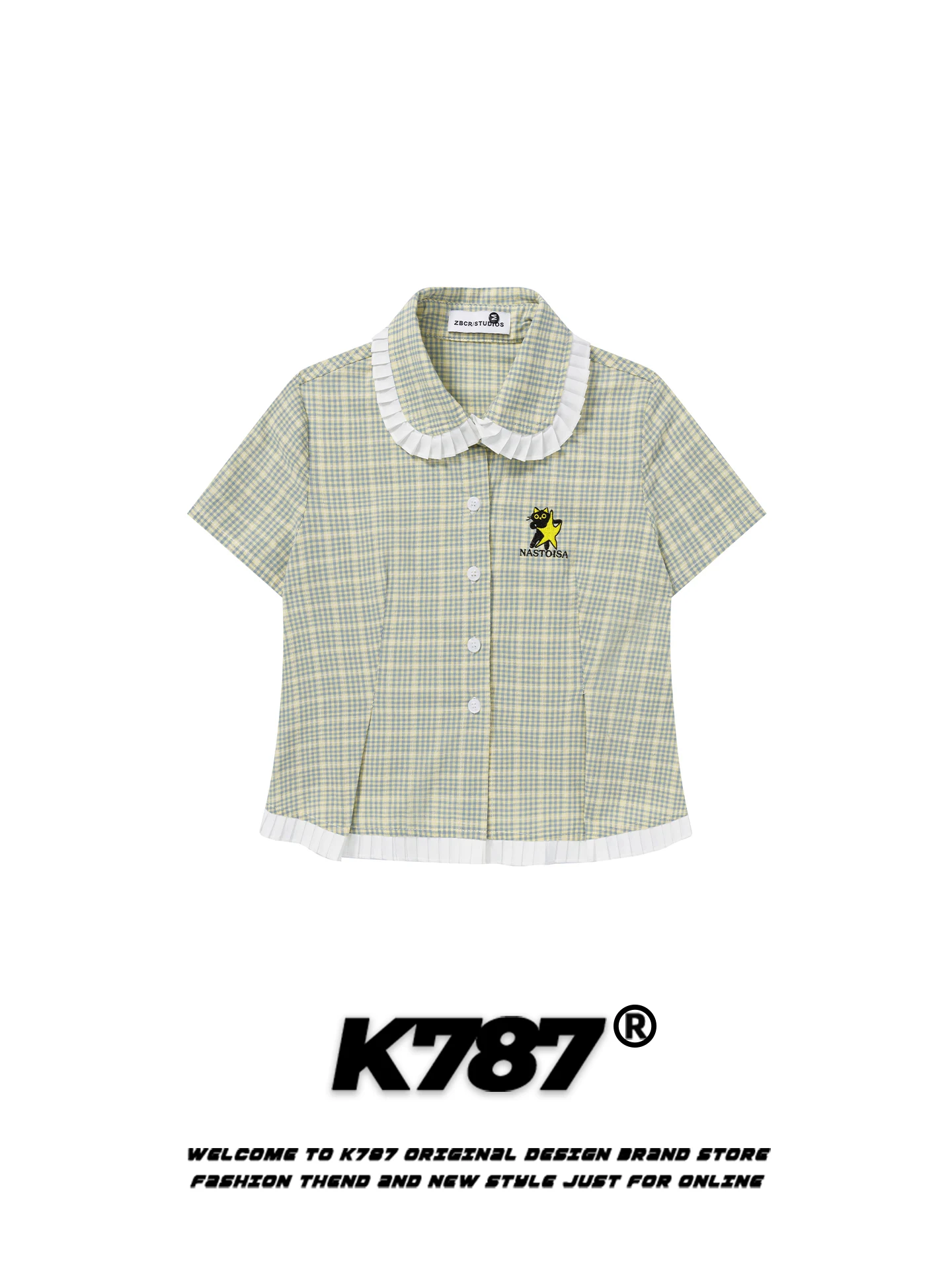 

K787 Sweet Plaid Lace Splicing ort Sve Casual irt Women's College Sle Commute Anti-Aging Turn-down Collar Blouse