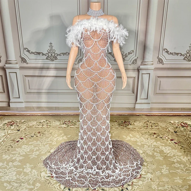 High-End Rhinestones Pearls Festival Outfits Women Feather Evening Dresses Birthday Important Occasion Party Dresses