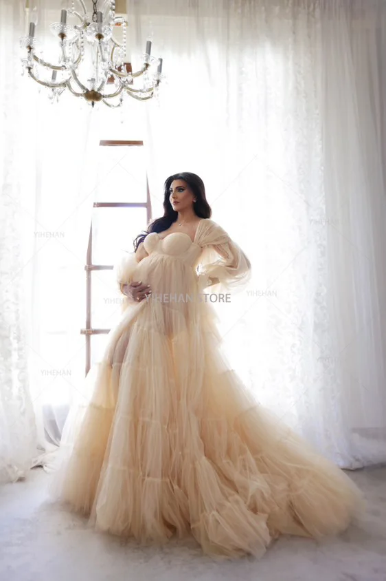 Customized A Line Prom Dresses Women's Sweetheart Off Shoulder Front Split Maternity Robes Pregnant Ruffled Tiered Bridal Gown