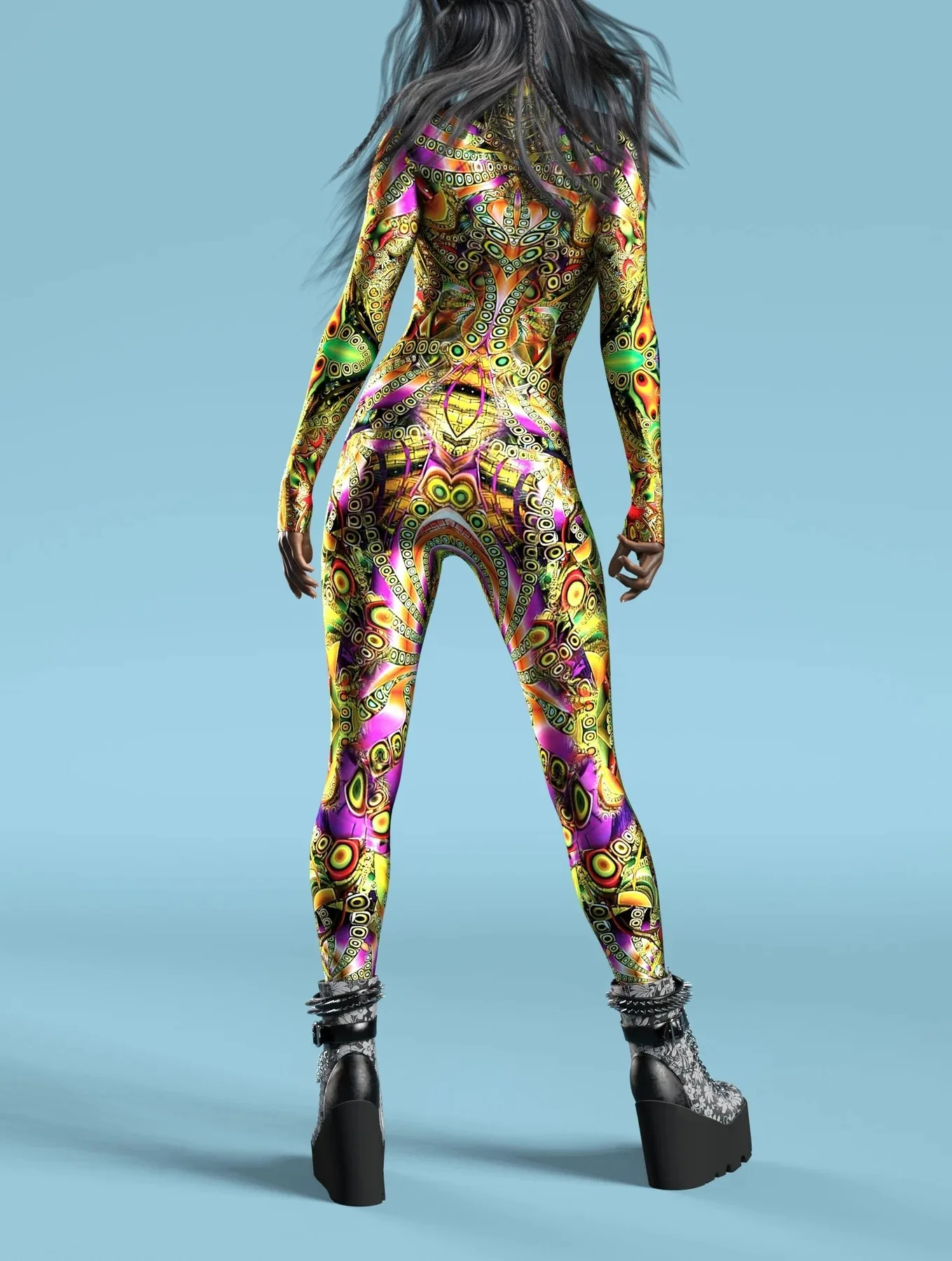 Damen Mehrfarbiger 3D-Druck Festtagsparty Regenbogen Sexy Enger Bodysuit Punk Cosplay Kostüm Performance Romper – Detail 35