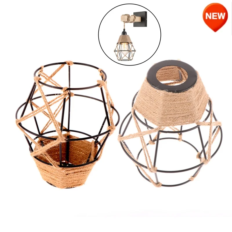 Mini Metal Cage Light Shades With Woven Hemp Rope - Vintage Farmhouse Pendant Lampshades For Home And Commercial Spaces