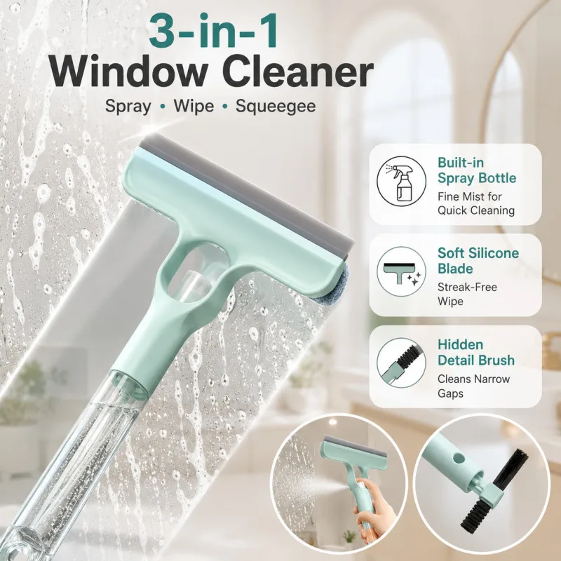 Handheld Window Cleaner With Spray Bottle Microfiber Scrub 3-In-1 Household Multifunctional Glass Mirror Squeegee Cleaning Tool