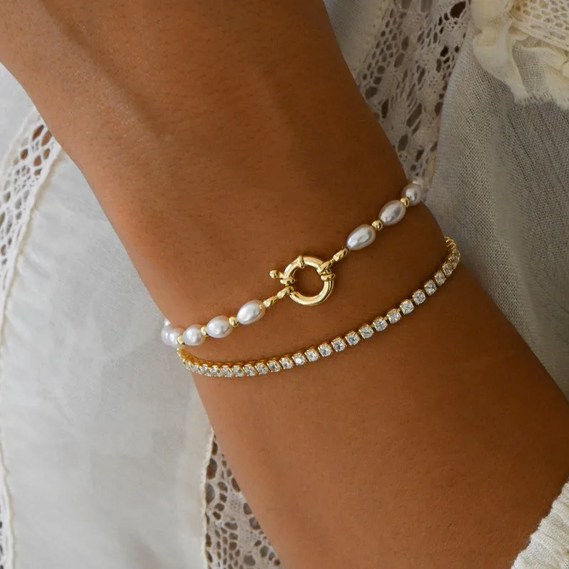 

Minar Luxury Freshwater Pearl Copper Beads Full Rhinestones Toggle Clasp Circle Beaded Strand Bracelets for Women 14K Real Gold