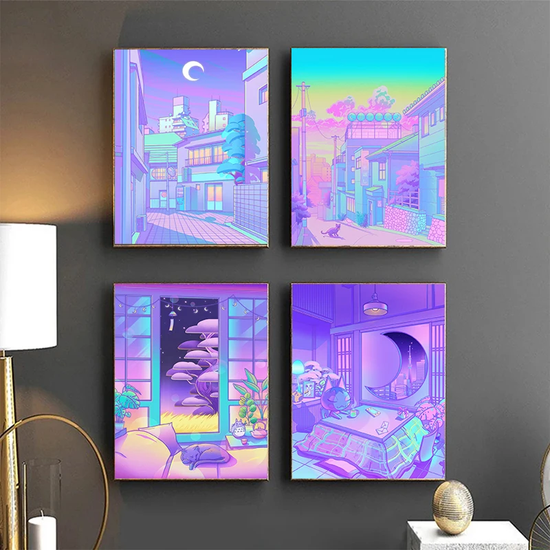 الخيال الخيال الأرجواني الوردي انمي ياباني نمط المشارك مدينة مشهد حائط لوح رسم الفن لغرفة ديكور المنزل الجمالية #3