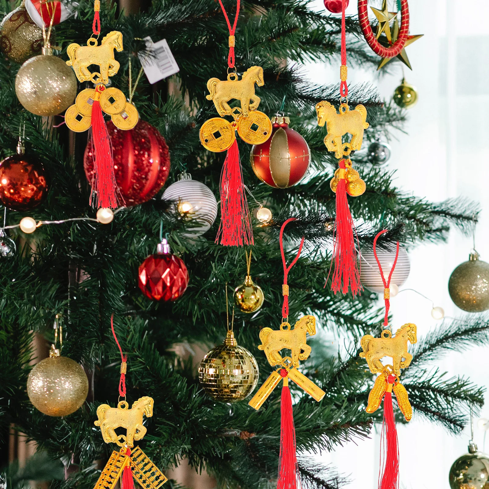 

6pcs Red New Year Hanging Ornament Feng Shui Good Luck Wealth Success Zodiac Horse Festival Decorations Lucky Pendant For Home