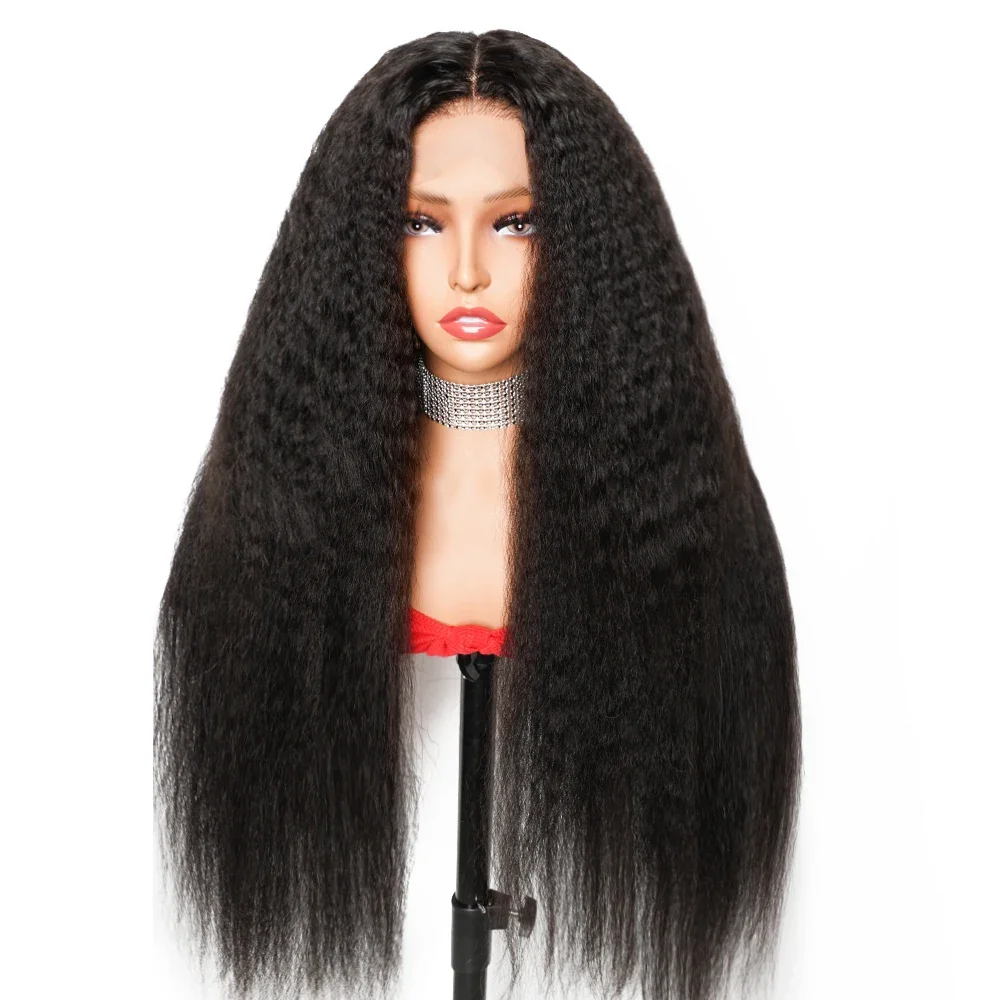 

Yaki 26Inch Long 180Density Natural Black Kinky Straight Preplucked Deep Lace Front Wig For Women With Baby Hair Synthetic Daily