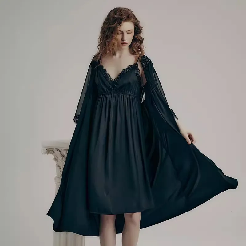 Sexy Black Color 2 Pieces Women's Ice Silk Robe Sets Long Sleeve Royal Roupas De Dormir Femininas Embroidery Lace Summer Nighty