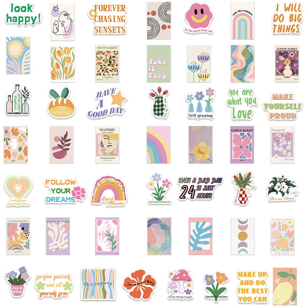 50/100pcs Aesthetic Flowers Stickers Cute Cartoon Danish Pastel Sticker For Luggage Laptop Guitar Phone Waterproof Vinyl Decals