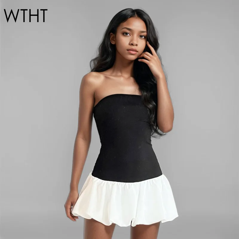 WTHT Trendy Women's Patchwork Control Color Wrinkled Edge Strapless Dress 2024 Autumn Off-shoulder Mini Dresses Female 1LS289