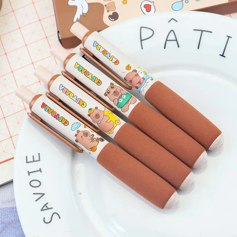 4 szt. długopisów żelowych z kapibarą, miękki uchwyt gąbkowy, szybkoschnące długopisy żelowe, zestaw artykułów biurowych i szkolnych, kawaii, artykuły papiernicze dla uczniów