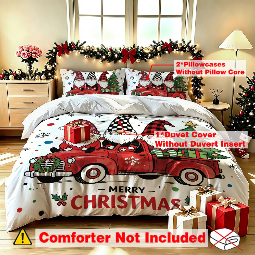 3 Pcs Christmas Duvet Cover Set Gnome Red Truck Christmas Tree Print Soft Bedding Set for Living Room Bedroom