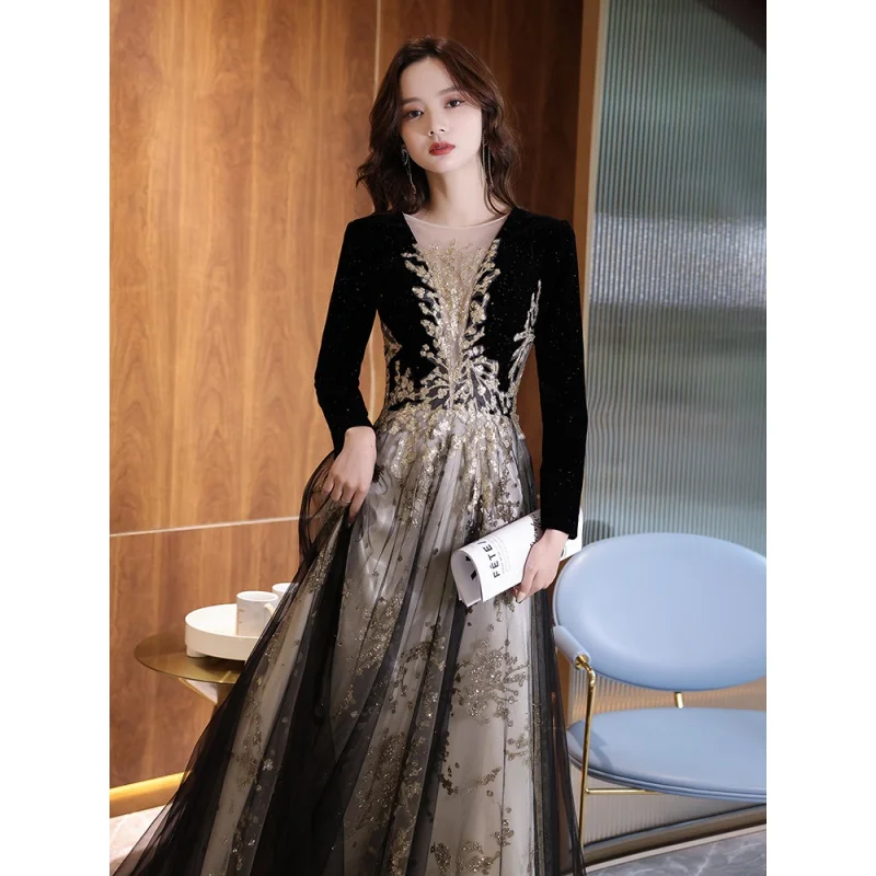 

Evening Dresses gala ball Banquet Black Long-Sleeved polyester contton nylon shining sequin lace elegant Party dress H555