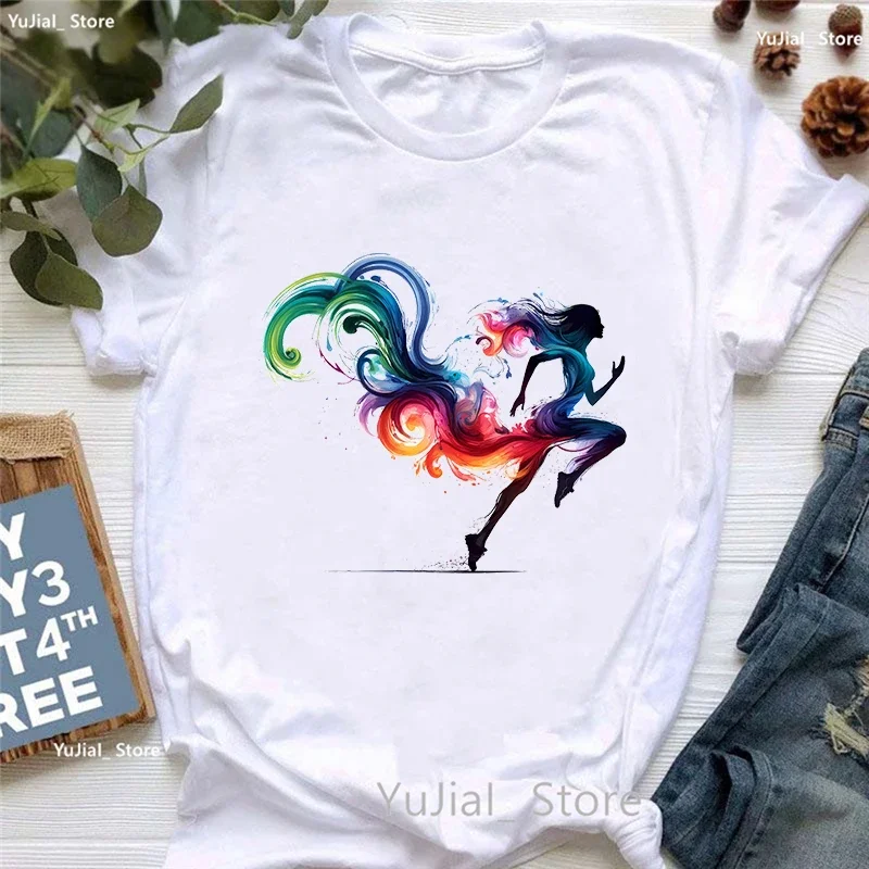 Colorful Running Girl Printed T Shirt Women Clothes 2024 Summer Fashion Tops Tee Shirt Femme Love Sports T-Shirt Female