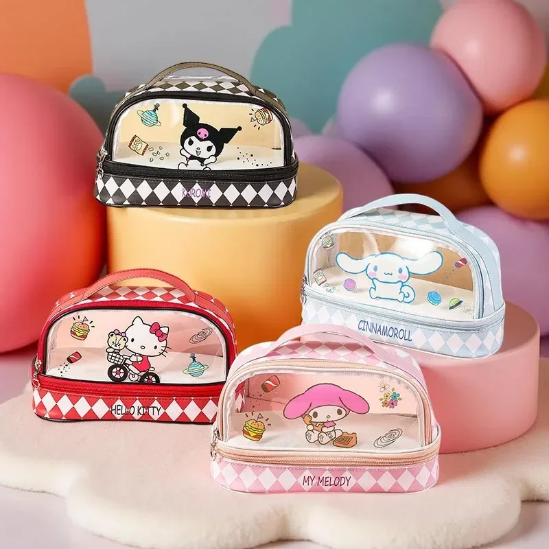 Cinnamoroll & Kuromi Klarer 2-lagiger Organizer – Kosmetiktasche mit großem Fassungsvermögen für Schule/Toilettenartikel, wasserdichte Aufbewahrungstasche