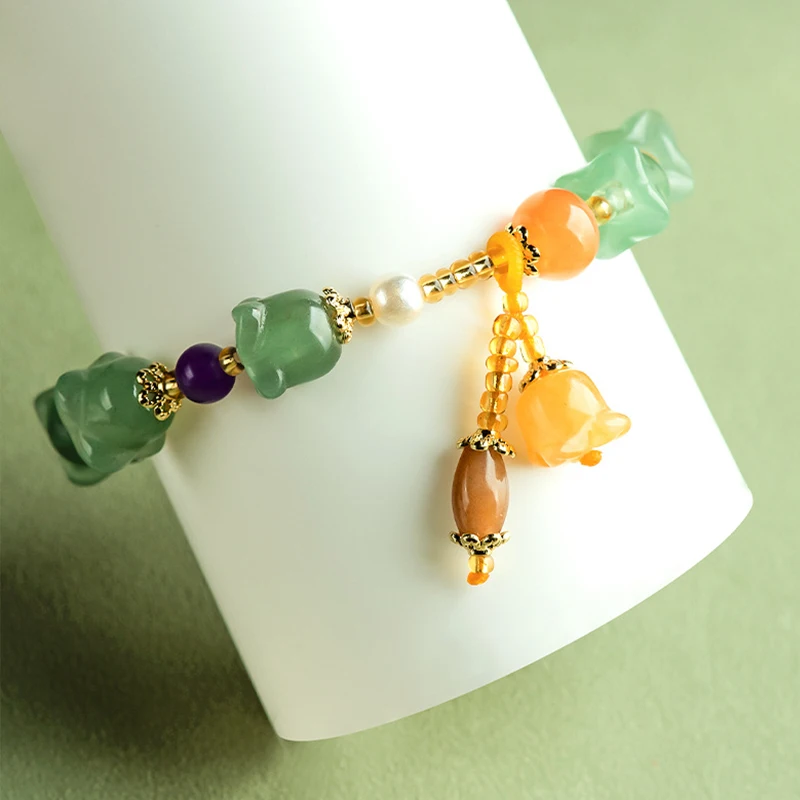 Chinese Style Duo Bao Bracelet with Lapis Lazuli White Crystal & Tiger's Eye Stone Independent Design Handmade Cultural Games