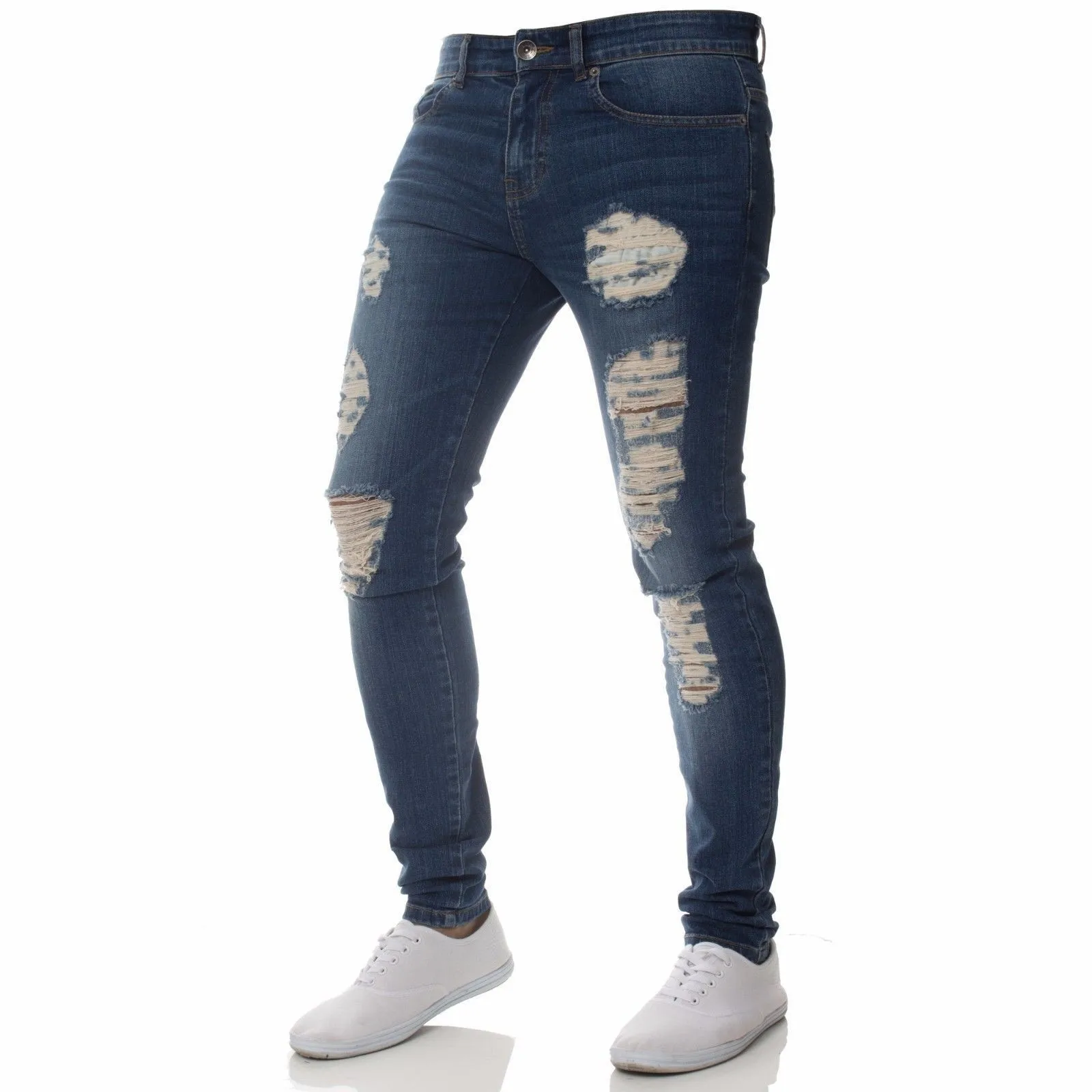 Calça jeans skinny rasgada com buraco de joelho masculino, monocromática, preta, azul, verão, estilo hip-hop, slim fit, S-4XL