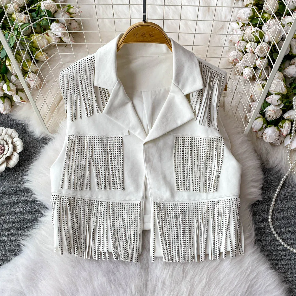 

Женский жилет с кисточками и горячим сверлением, отложной воротник, костюм с бриллиантами и бисером, пальто, куртка без рукавов, жилет с блестками, майки с бахромой