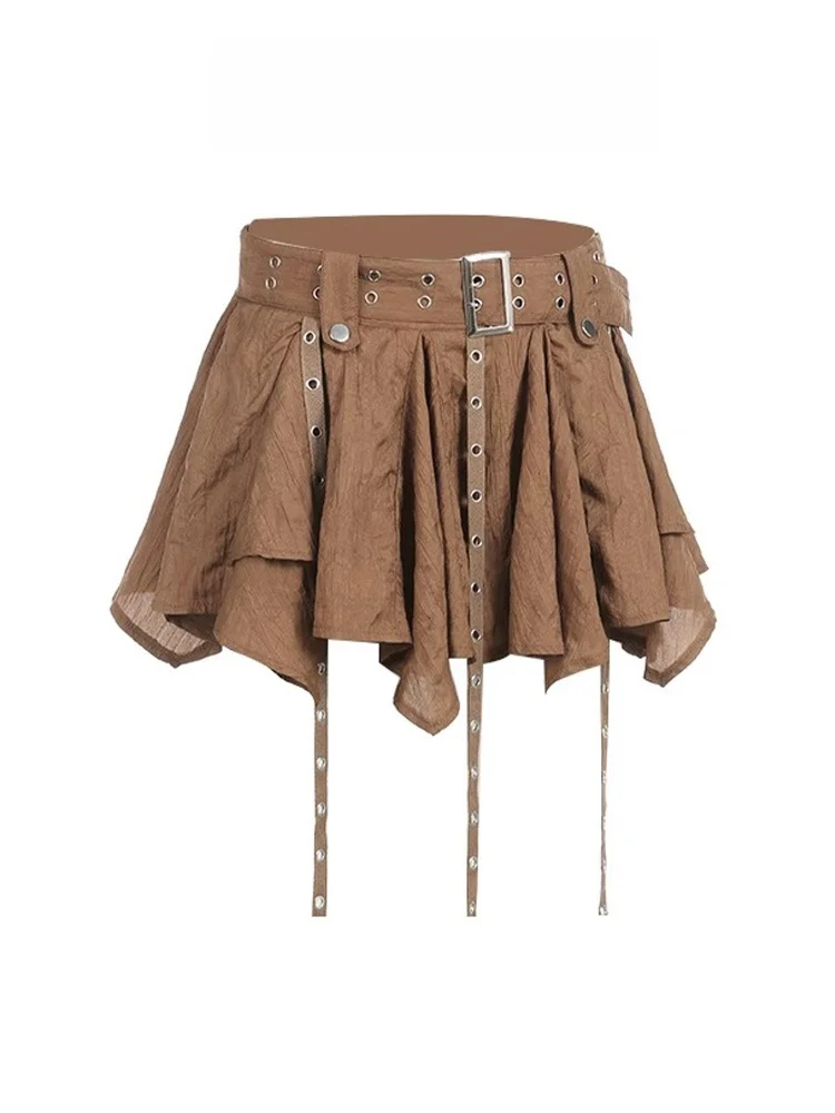 

Ретро коричневая короткая юбка женская весенняя Merald с асимметричным подолом, с поясом, расклешенная, в деловом стиле, с высокой талией, А-силуэт