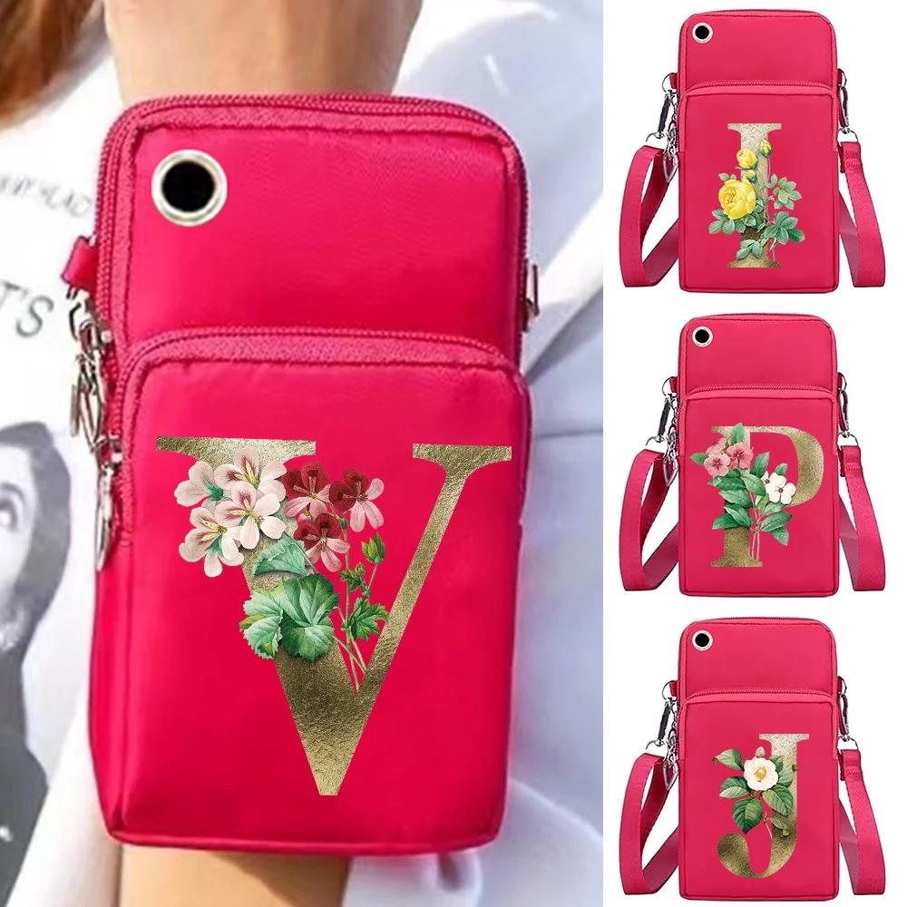 Universal Mobile Phone Bag Shoulder Crossbody Bags Wallet Arm Purse Women Clutch Phone Pouch Wrist Pack Golden Flower Pattern