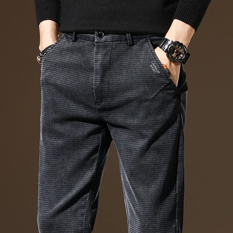 

2023 New Autumn Classic Work Stretch Pants Men's Cotton Elastic Waist Business Slim Fit Thick Casual Cargo Trousers Male