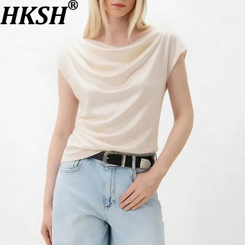 

HKSH Women Shirt French Style Elegant Fashion Satin High-End Slimming Solid Color Pleated Pullover Stylish Casual Blouse HK24191