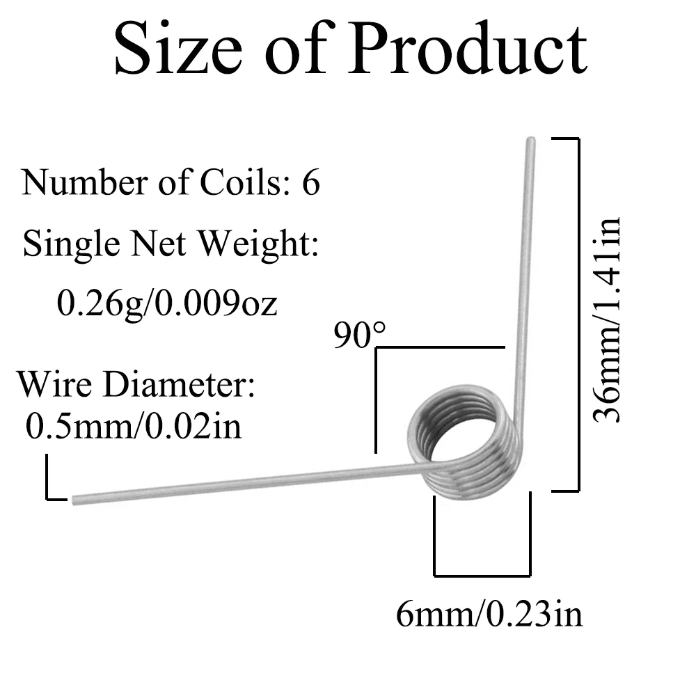 右利き用ステンレス鋼のねじれスプリング,90度の偏向スプリングの品揃え,直径0.5mm, V字型,4個
