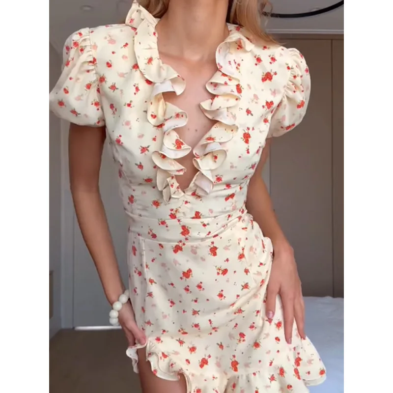 

Women Floral Print V Neck Short Sleeve Waist Mini Dress Chic A Line Playsuit 2026 Summer Sweet Holiday Ruffle Trim Romper Dress