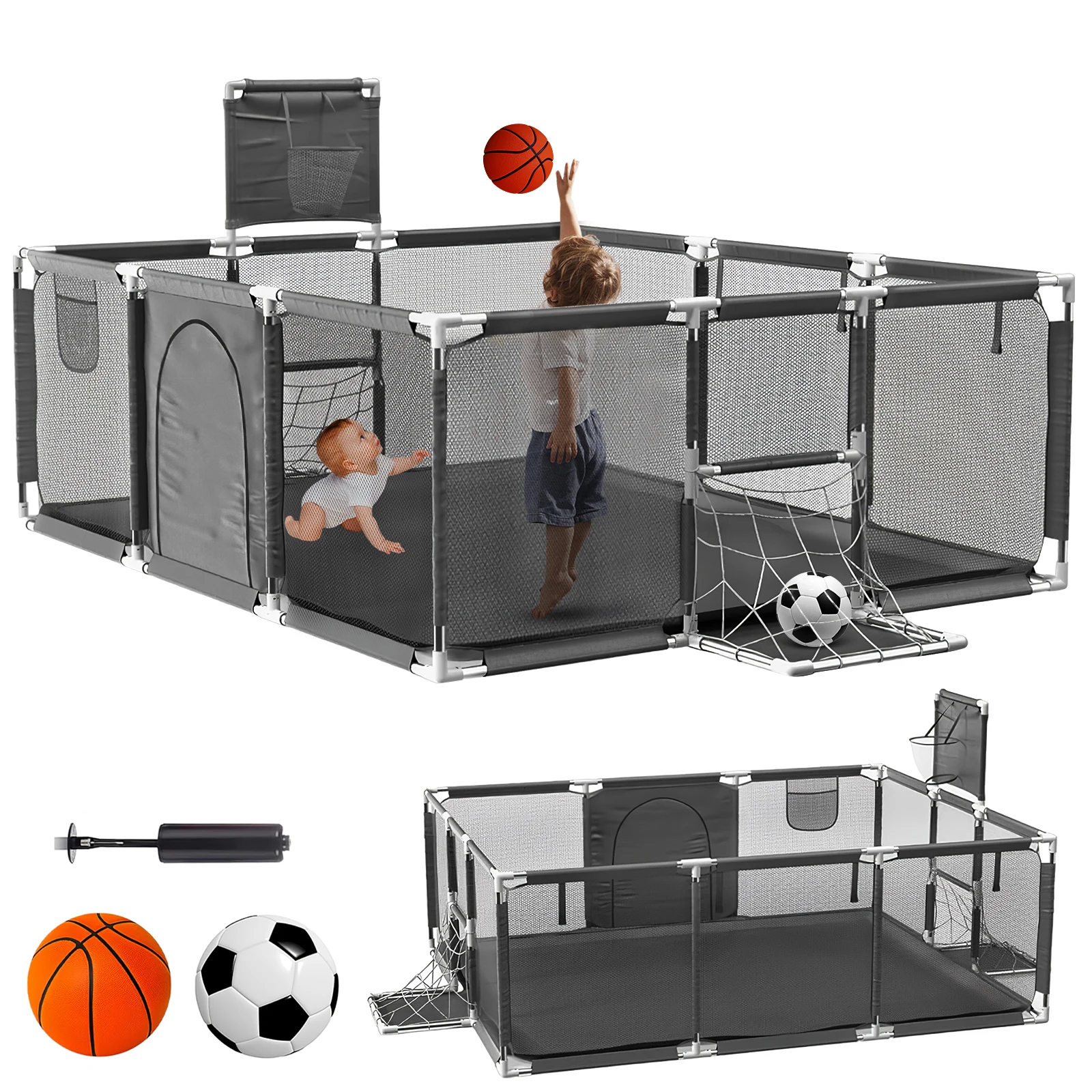 Babybox met ademend net, met basketbalmand en voetbalframe, opvouwbaar activiteitencentrum voor baby, 182 x 122 cm