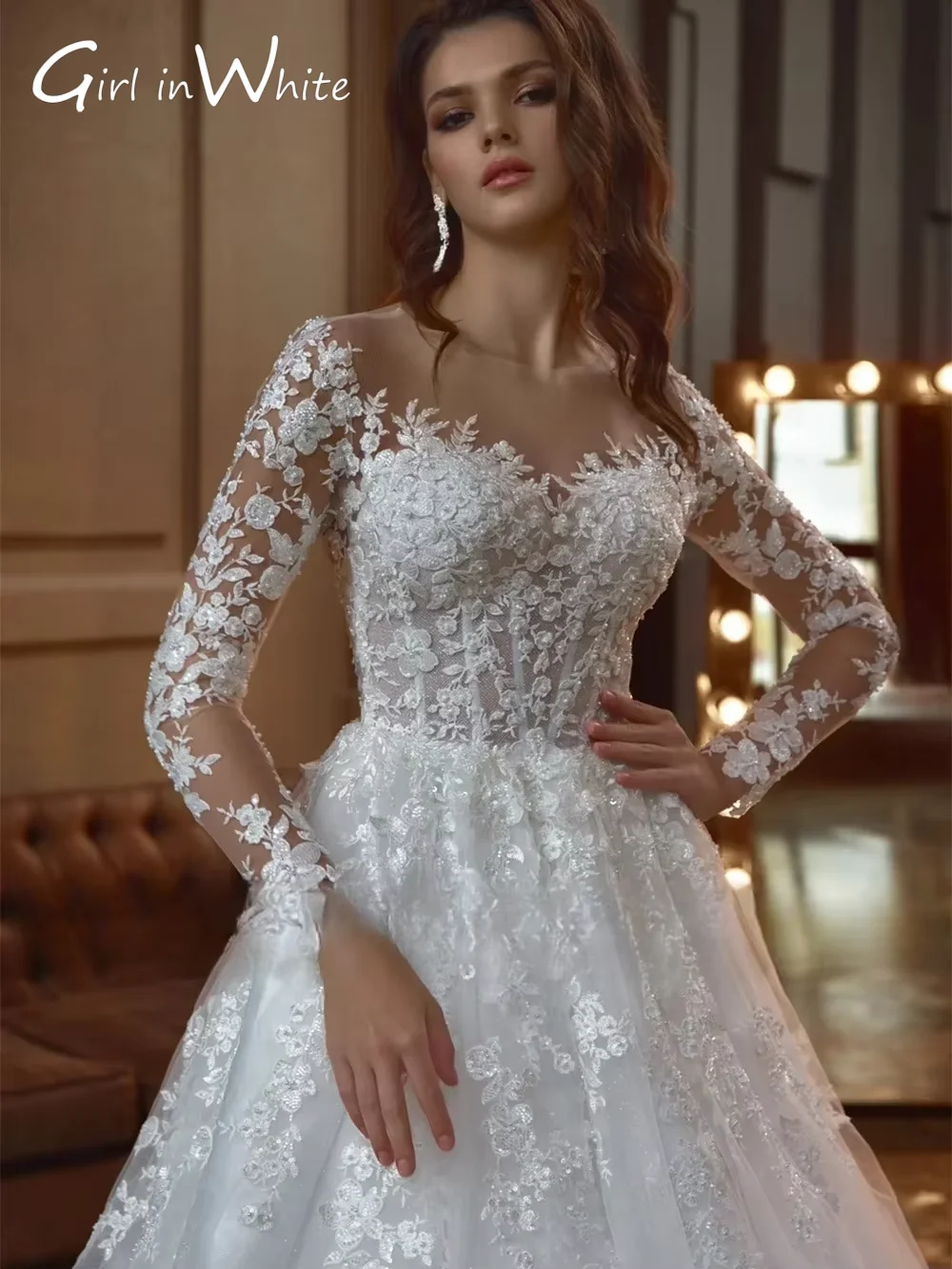 Luxo a linha espumante vestidos de novia personalizado o-pescoço mangas compridas rendas vestidos de casamento apliques vestido de noiva 2024