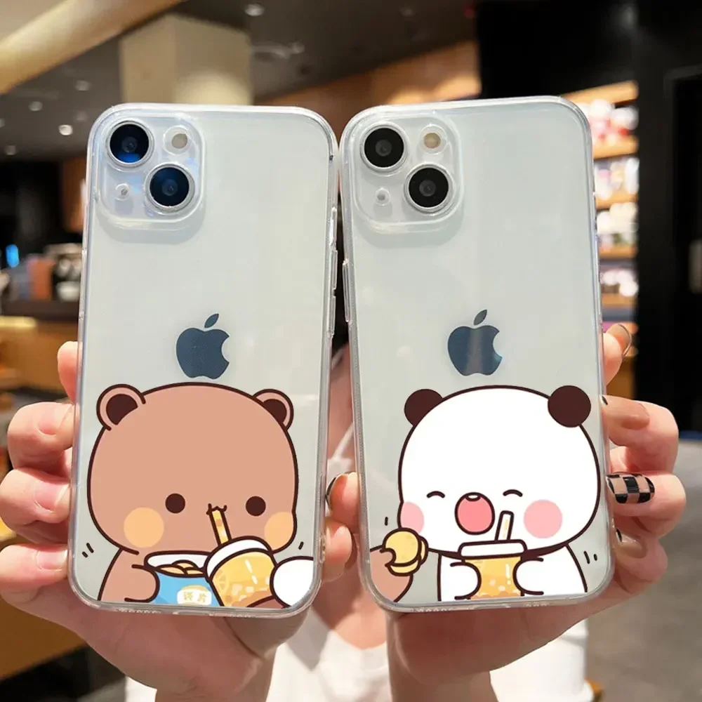 Funny Bear Couple Phone Case for IPhone 11 12 13 14 15 16 Pro Max Mini X XR XS MAX  Plus Cartoon Animal Clear Paired Cover Shell