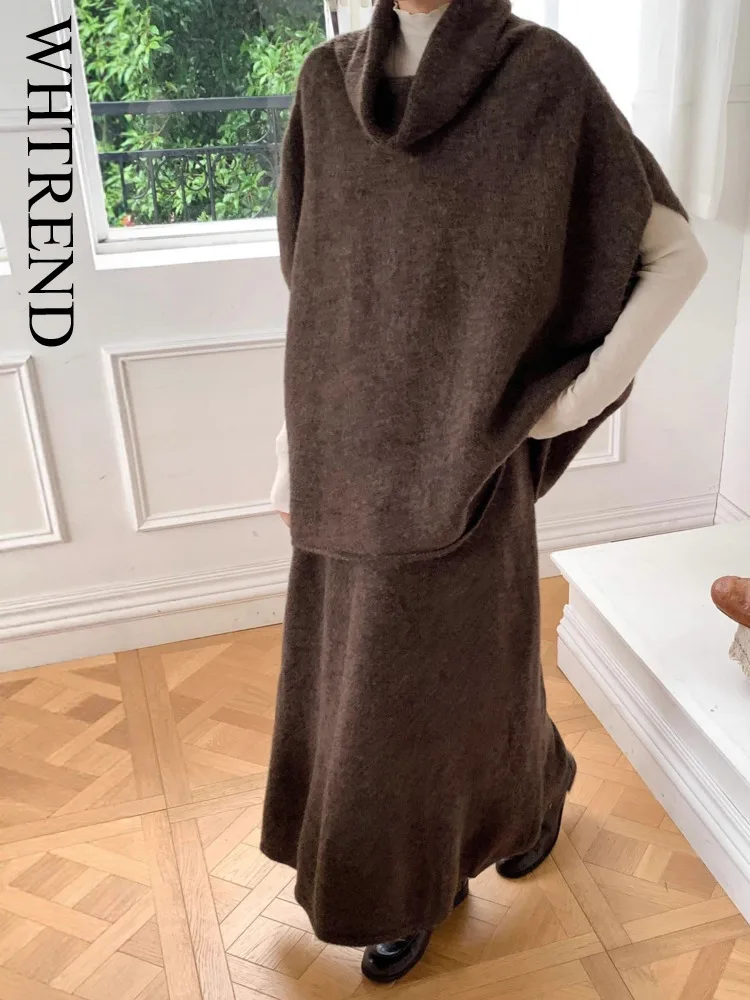 

WHTREND New High Neck Layered Knitted Loose Vest + Long Skirts Sets Women Solid Color Casual Clothing Autumn Winter WH2073