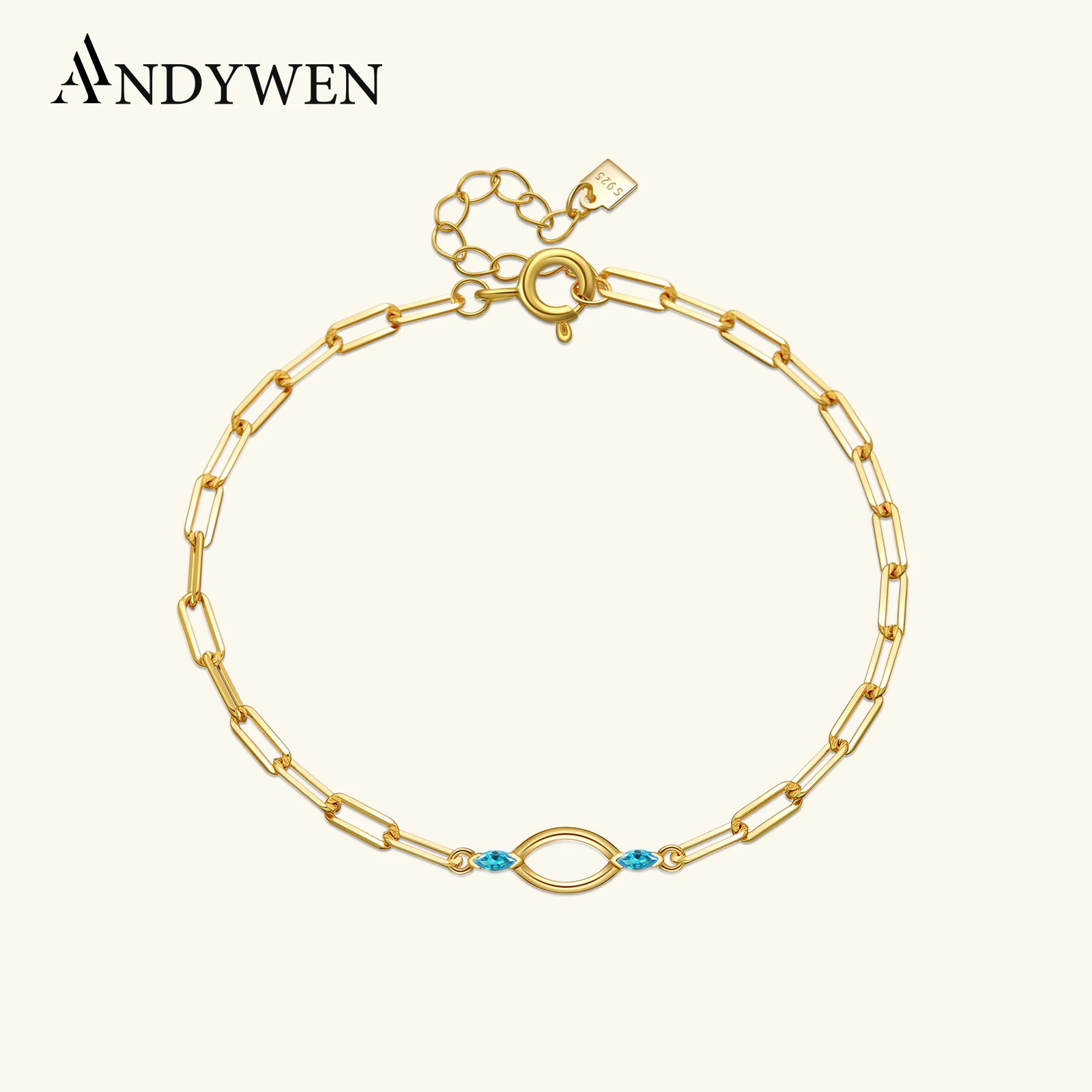 

ANDYWEN 2021 New 925 Sterling Silver Gold Blue Eye Horocope Chain Bracelet Women Luxury Fine Jewelry Rock Puck Wedding Jewels