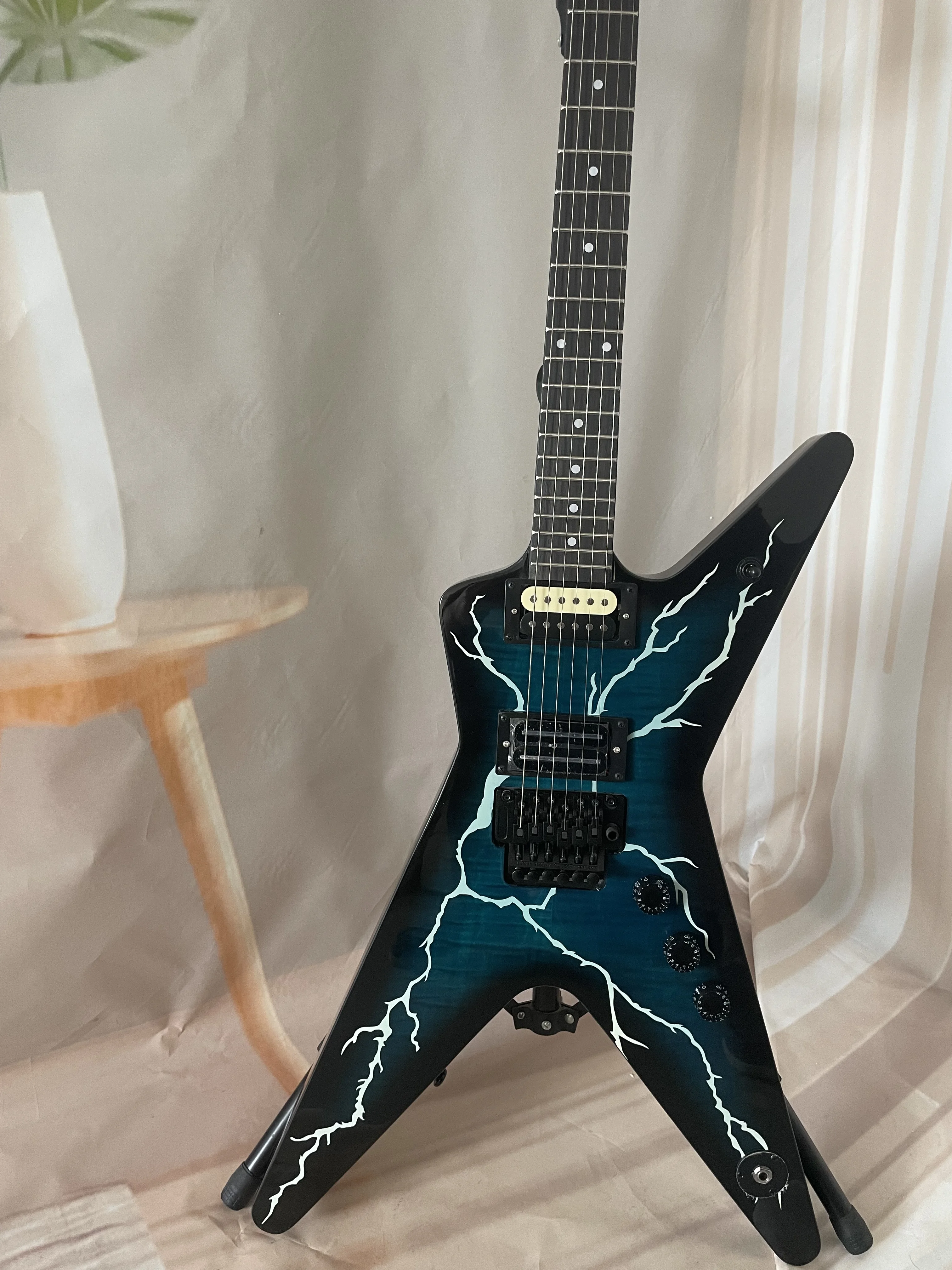 Dimebag ML Style Dark Blue Flame Maple Top Electric Guitar With Lightning Pattern Signature Model