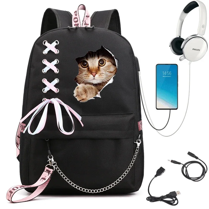 Kawaii Cat Print Backpack Fashion Women School Backpack Black Women Backpack Teenager Girl School Bags Usb Mochila Bagpack Pack