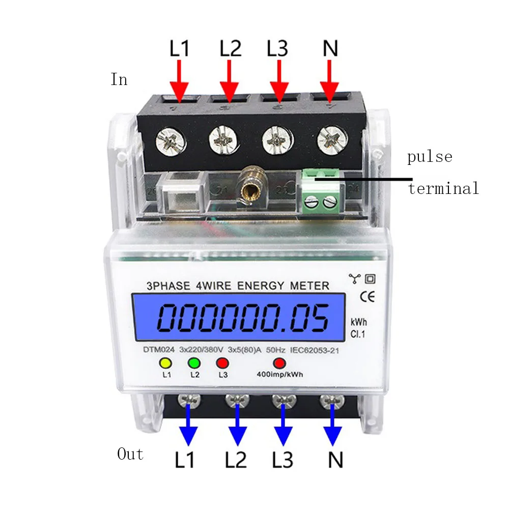 3 Phase 4 Wire Energy Meter 220/380V 5-80A Energy Consumption kWh Meter DIN Rail Wattmeter Voltmeter Ammeter Digital Power Meter