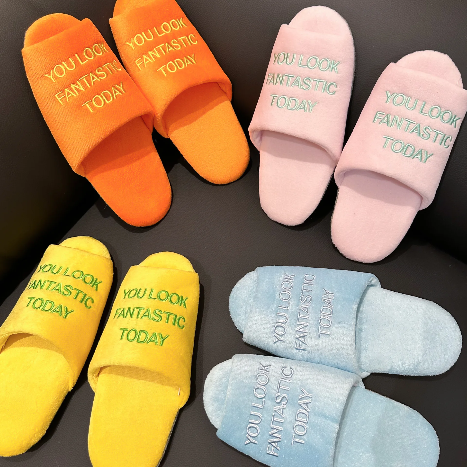 

Positive Energy Silent Slippers Embroidered Couple Slippers Velvet Home Cotton Drag Korean Disposable Slippers