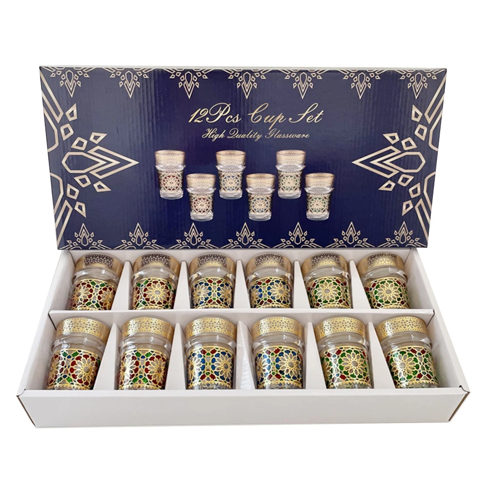 12-Piece Set, Light Luxury Style Moroccan Glass Cup, Türkiye Saudi Restaurant Tea Cup, Mosaic Paper Gilding Water Cup, Gift Cup