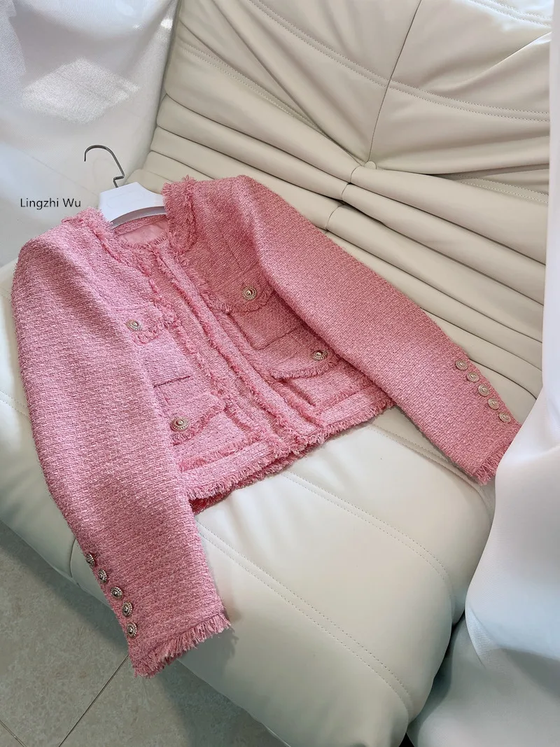 Lingzhi Wu-abrigo de Tweed con borlas para mujer, abrigo elegante, Rosa francés, ropa de abrigo elegante, recién llegado