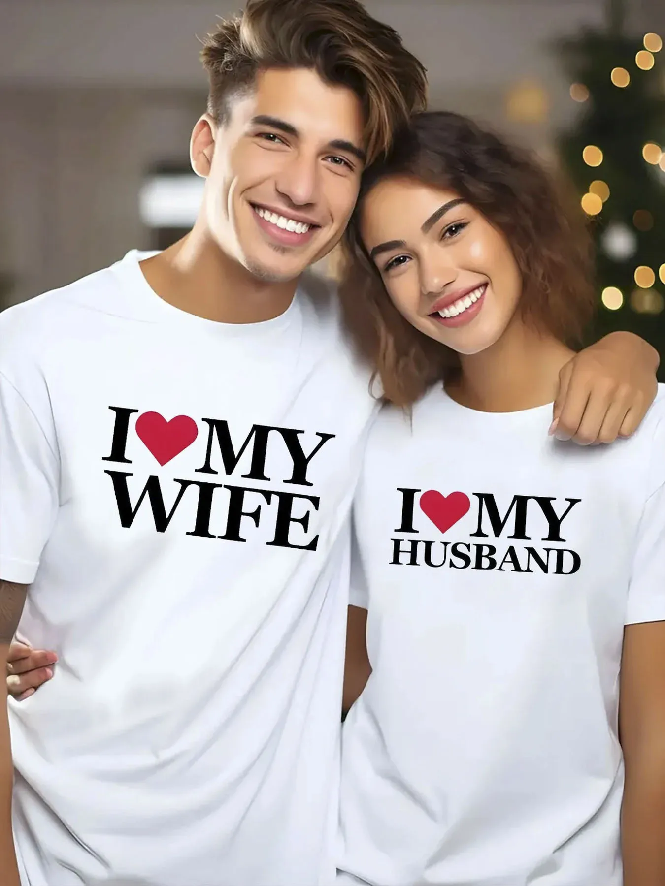 له متطابقة مع أنا أحب زوجتي، أنا أحب زوجتي، تي شيرت للأزواج من القطن الأزرق الداكن، تي شيرت برقبة دائرية مع نص أبيض