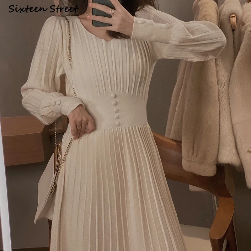 New Elegant Apricot Knit Dress for Women V-neck Autumn Winter High Waisted Sweater Dresses Female Korean Wool Clothing Ladies