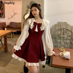 Long Sleeve A-line Dress Women Princess Ruffles Bow Contrast Color Age-reducing Autumn Elegant Girlish Attractive Korean Style