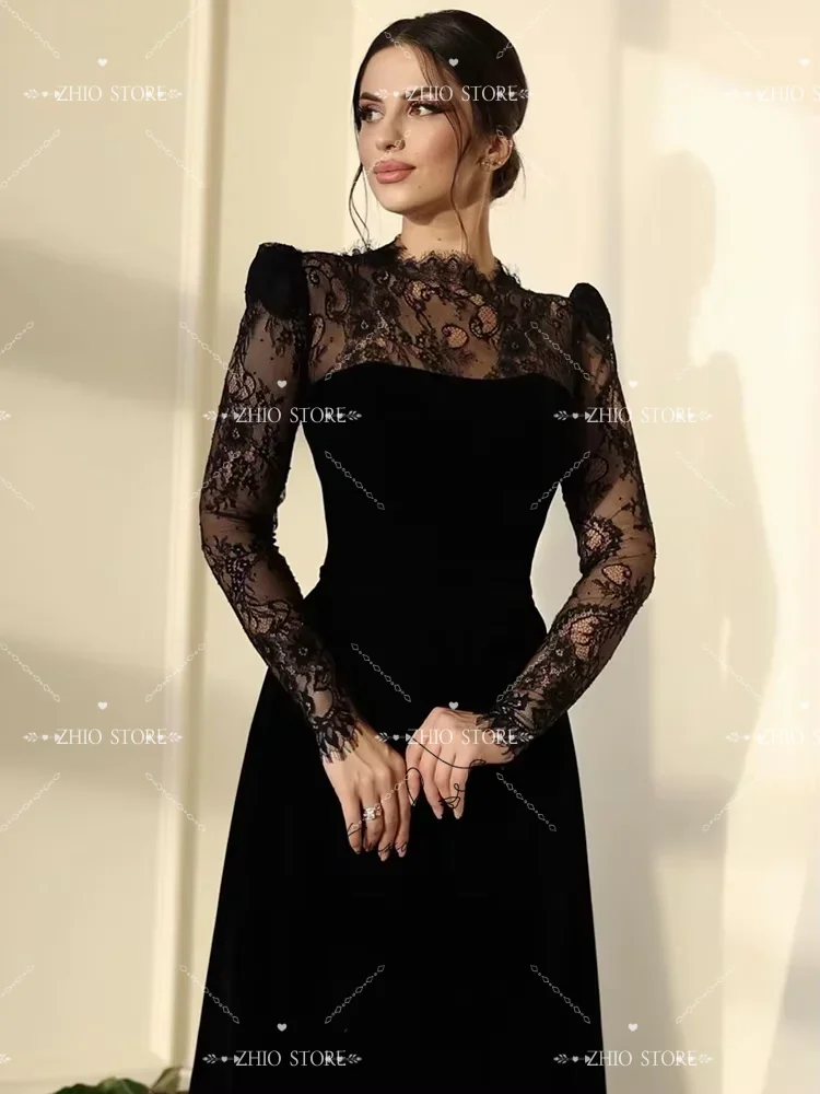 ZHIO personnalisé robes de soirée saoudiennes manches longues noir dentelle robes de bal vestidos de novia fermeture éclair longueur de plancher robes de soirée