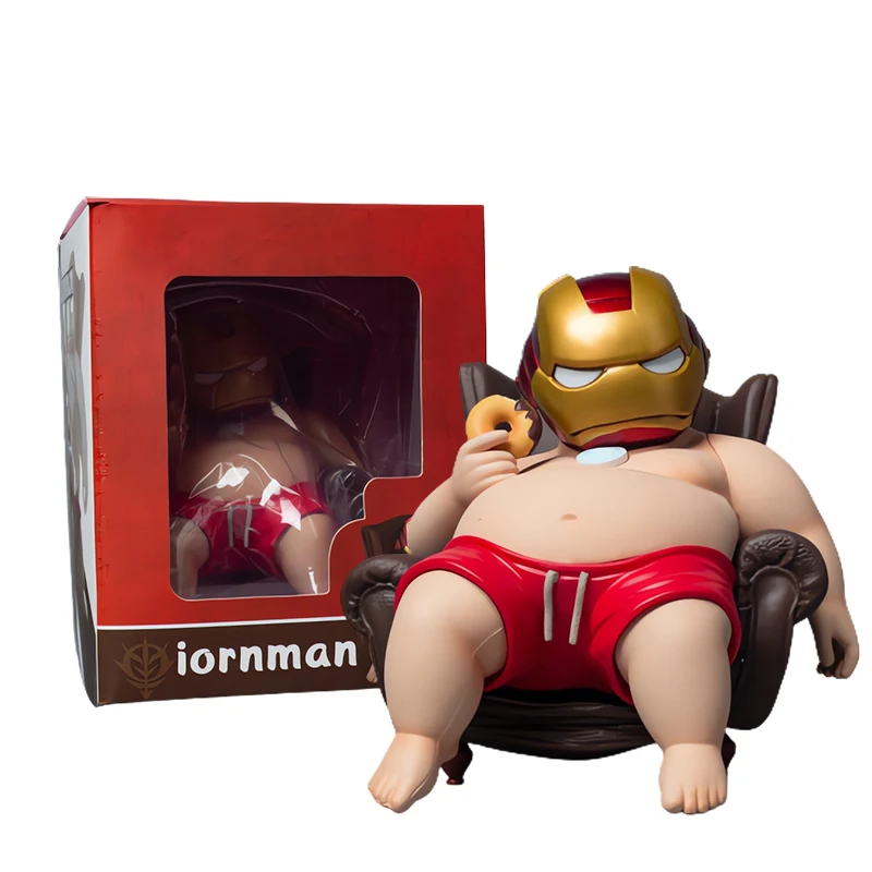 Kawaii gordo ironman comer donuts figuras de ação brinquedo 11cm bonito obese tony stark estátuas modelo boneca ornamentos colecionáveis pode brilhar