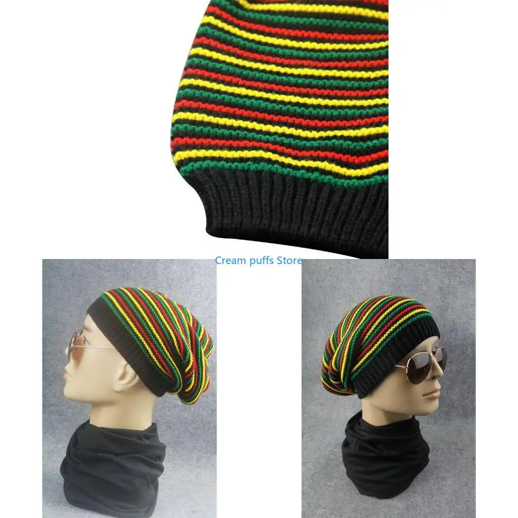 

50LE Winter Beanie Hat for Men Women Warm Cozy Knitted Harajuku Hip Hop Jamaica Rainbow Strippes Stretchy Slouchy Skull Cap
