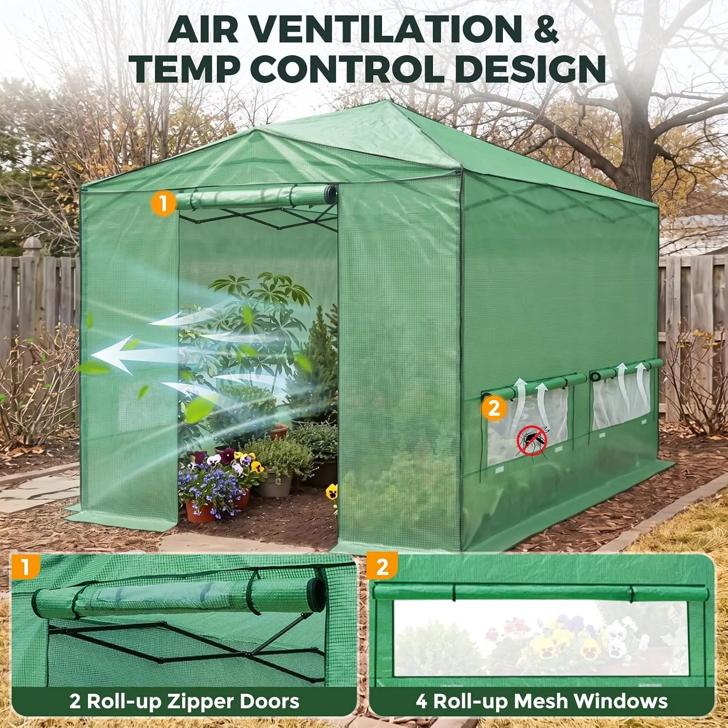 Pop-Up Greenhouse 12x8 ft with Support Pole, Quick Setup, Clear and Green