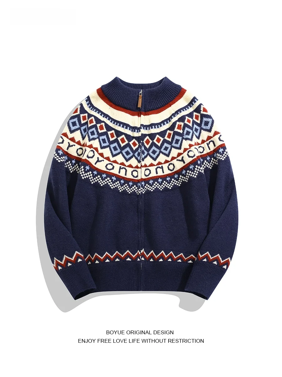 

BOYUE Fair Isle Zipper Leisure Sle Sweater Cardigan Men Women Casual White Outerwear Long Sve Stand Collar Warmth
