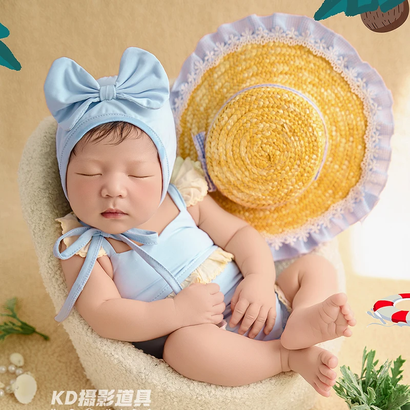 summer-newborn-photography-clothes-blue-sling-bodysuit-straw-hat-set-baby-studio-photography-prop-outfit-for-0-1m-infant